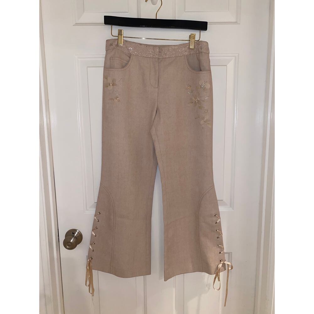 Moiselle Pants Pink/Blush Lace Embellished Flare Crop Tie Details Size US 4